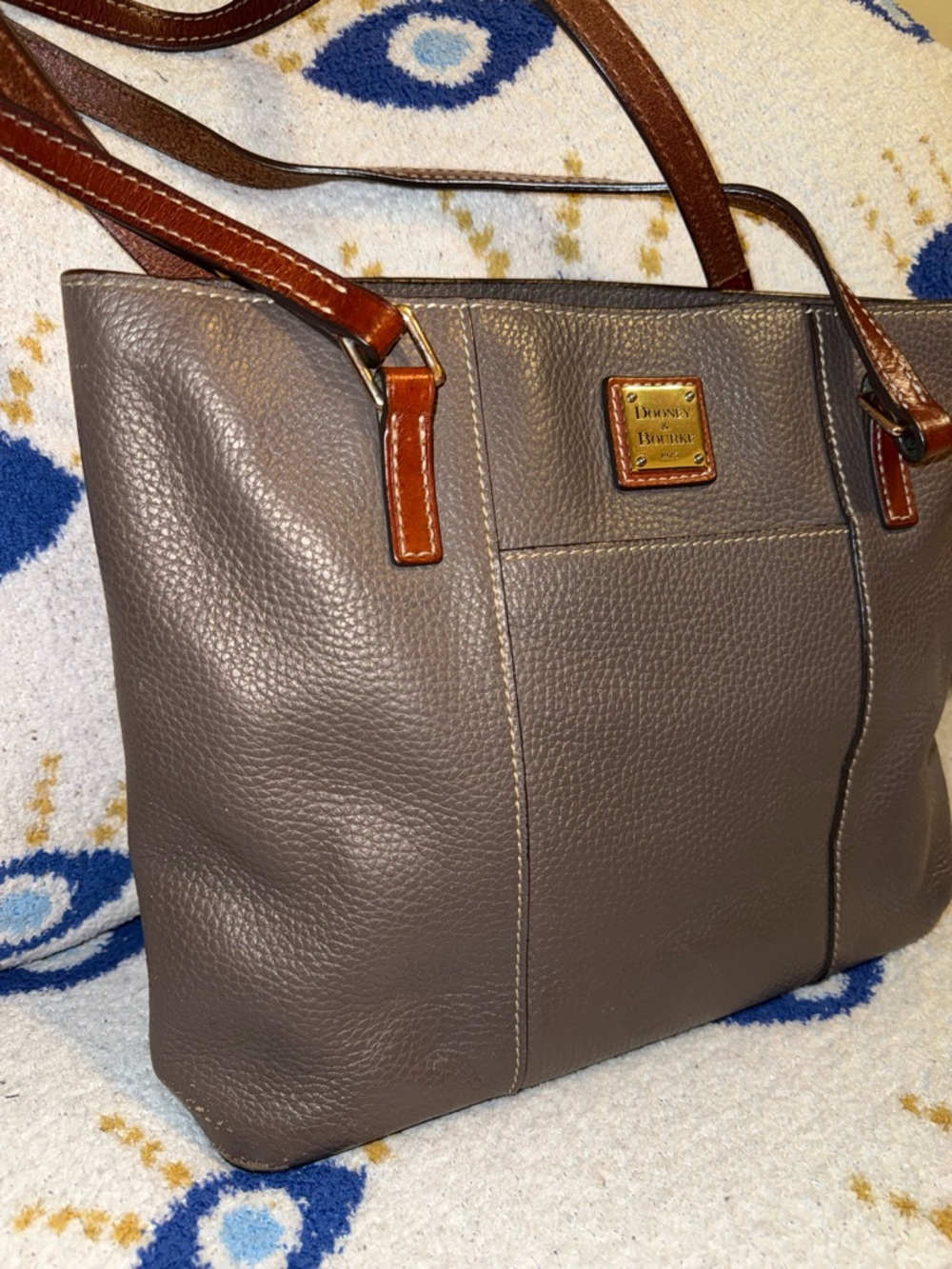 Dooney & Bourke Pebble Leather Tote in Taupe with Brown Trim